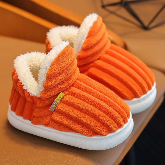 New Winter Kids' Stripe Plush Slippers – Warm, Non-Slip, Soft Sole Cotton Shoes for Boys & Girls orange