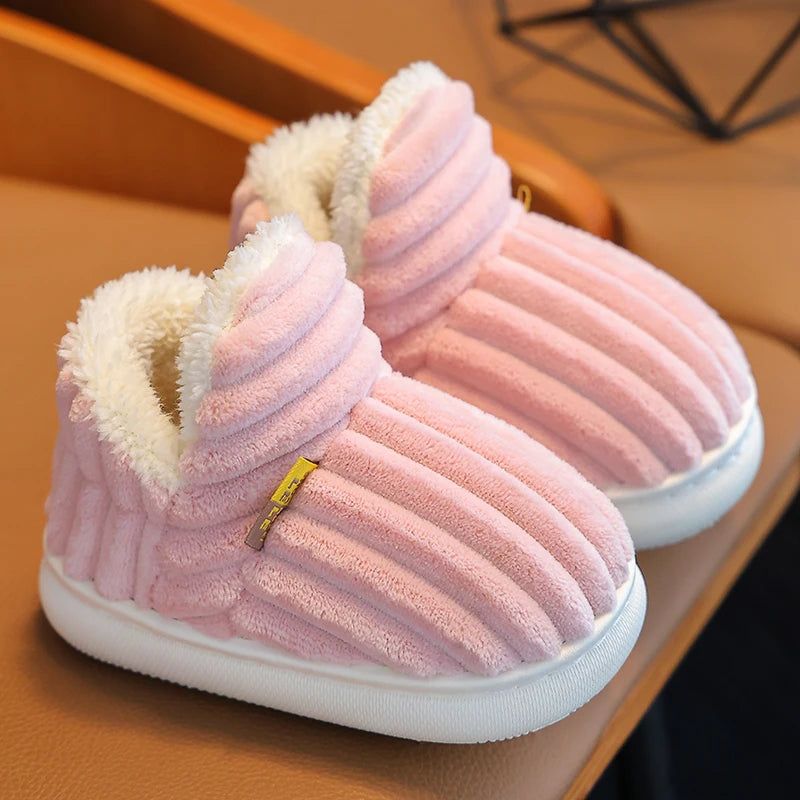 New Winter Kids' Stripe Plush Slippers – Warm, Non-Slip, Soft Sole Cotton Shoes for Boys & Girls pink