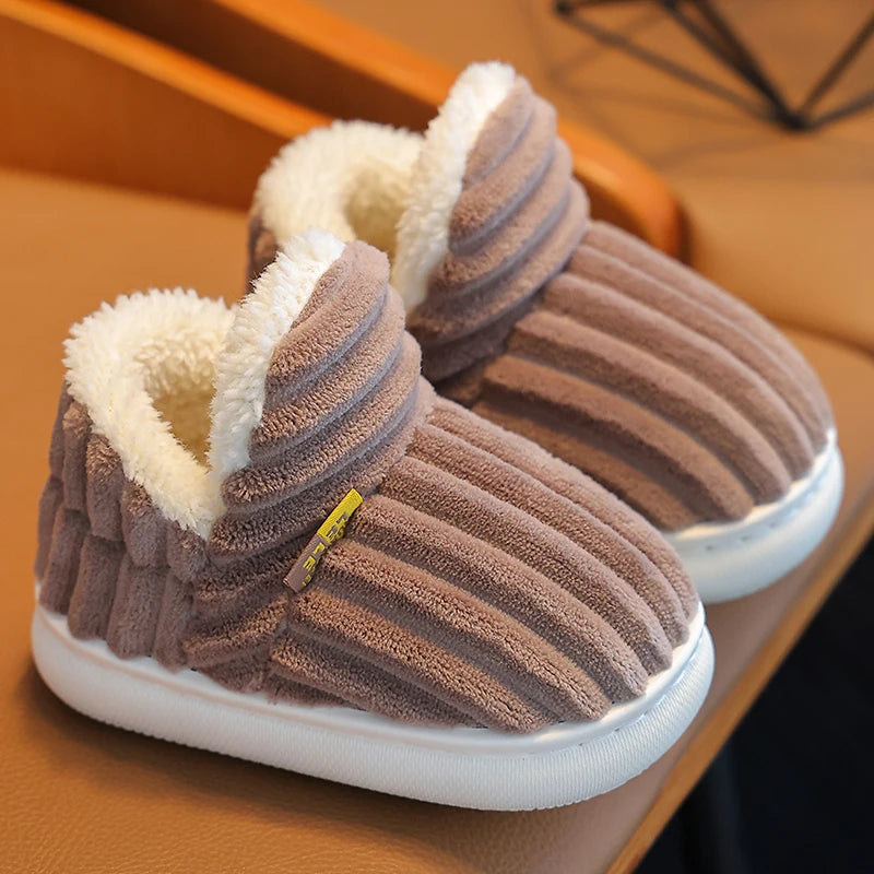 New Winter Kids' Stripe Plush Slippers – Warm, Non-Slip, Soft Sole Cotton Shoes for Boys & Girls Brown