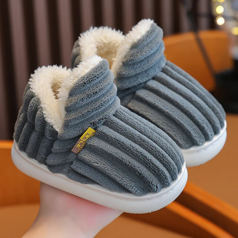 New Winter Kids' Stripe Plush Slippers – Warm, Non-Slip, Soft Sole Cotton Shoes for Boys & Girls