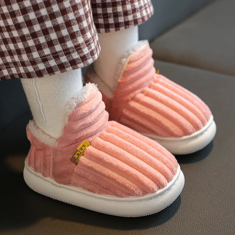 New Winter Kids' Stripe Plush Slippers – Warm, Non-Slip, Soft Sole Cotton Shoes for Boys & Girls pink