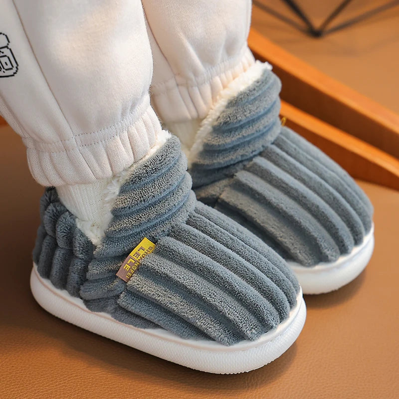 New Winter Kids' Stripe Plush Slippers – Warm, Non-Slip, Soft Sole Cotton Shoes for Boys & Girls