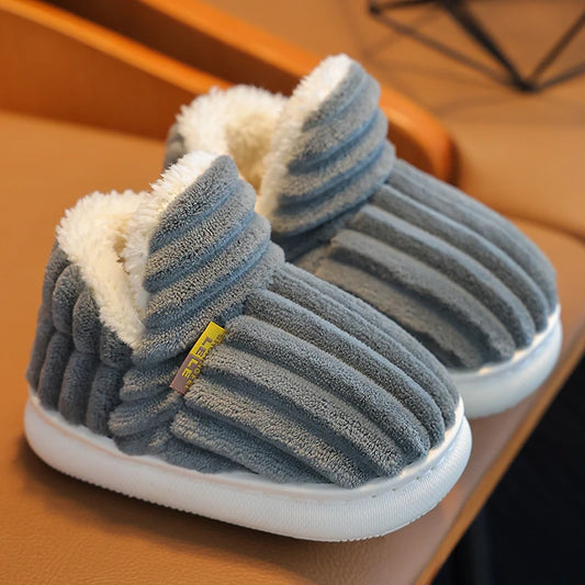 New Winter Kids' Stripe Plush Slippers – Warm, Non-Slip, Soft Sole Cotton Shoes for Boys & Girls